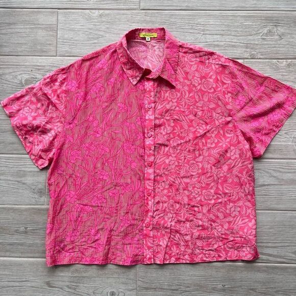 Tell Your Friends Mens‎ Pink Floral Silk Short Sleeve Button-Up Shirt Medium - Picture 1 of 8